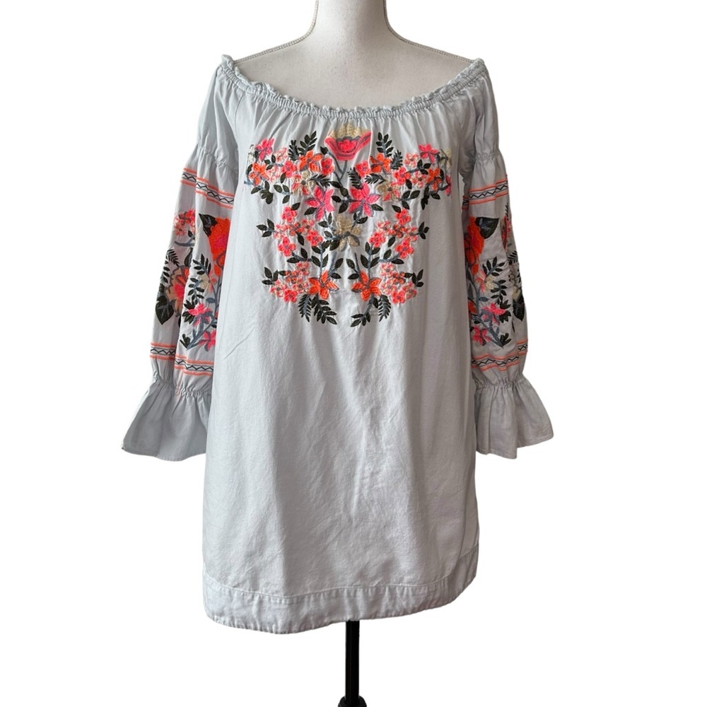 Free People Fleur Du‎ Jour Mini Off Shoulder Boho Embroidered Dress Sz XS Blue